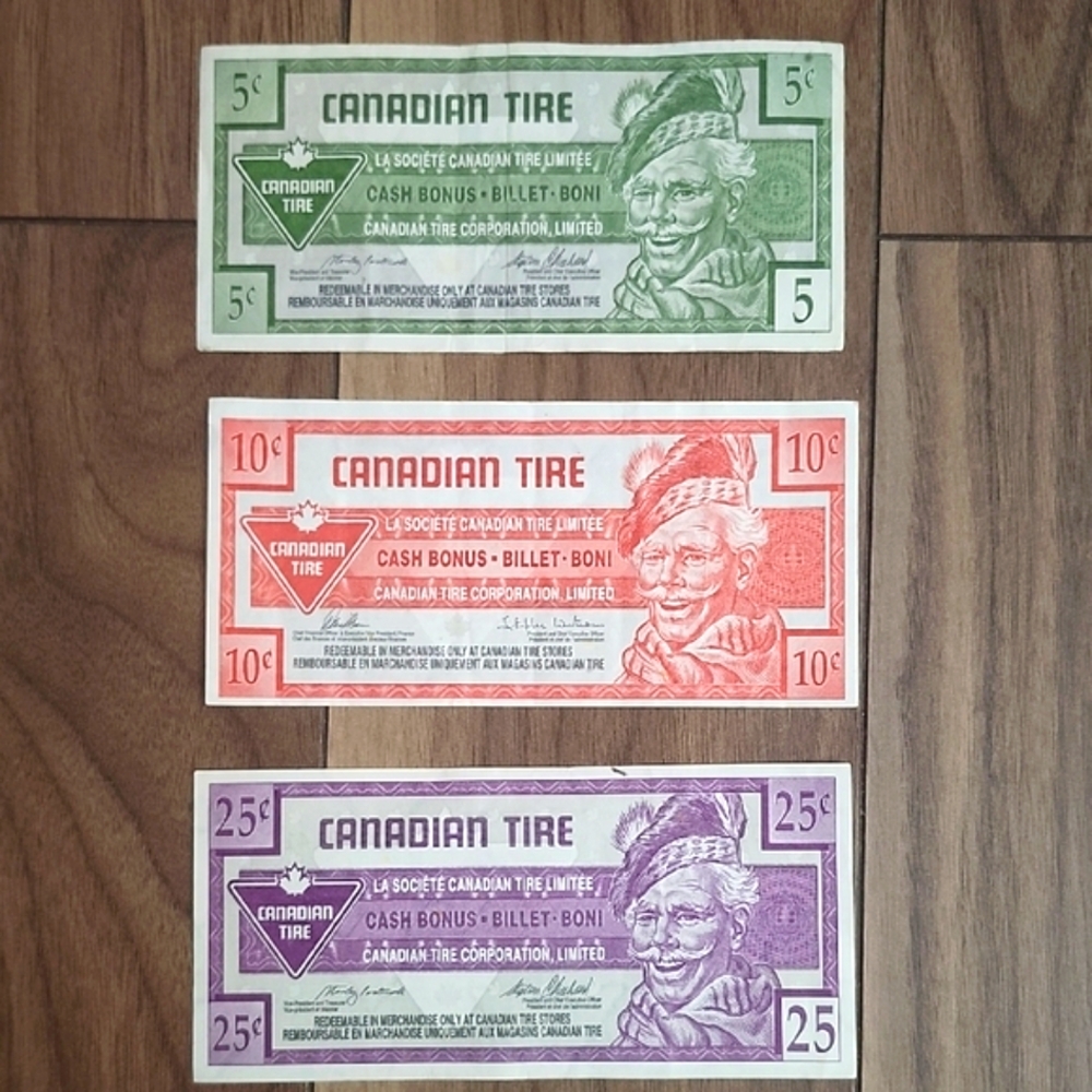 🔥3 Canadian Tire Bills -25 Cents, 10 Cents, 5 Cents, RARE COLLECTOR'S ITEMS